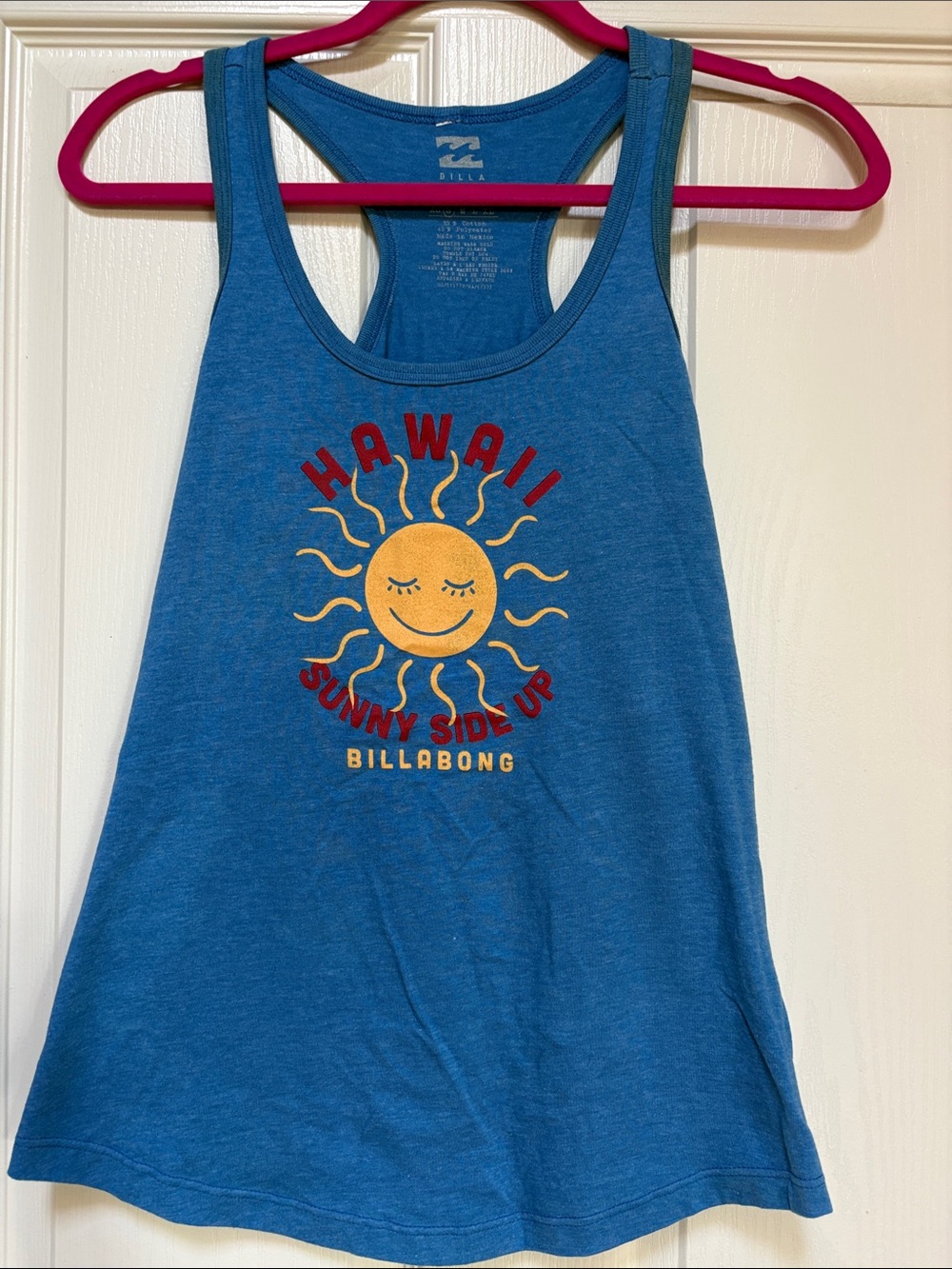 Billabong Blue Racerback Tank with Yellow Sun Graphic and Red Text